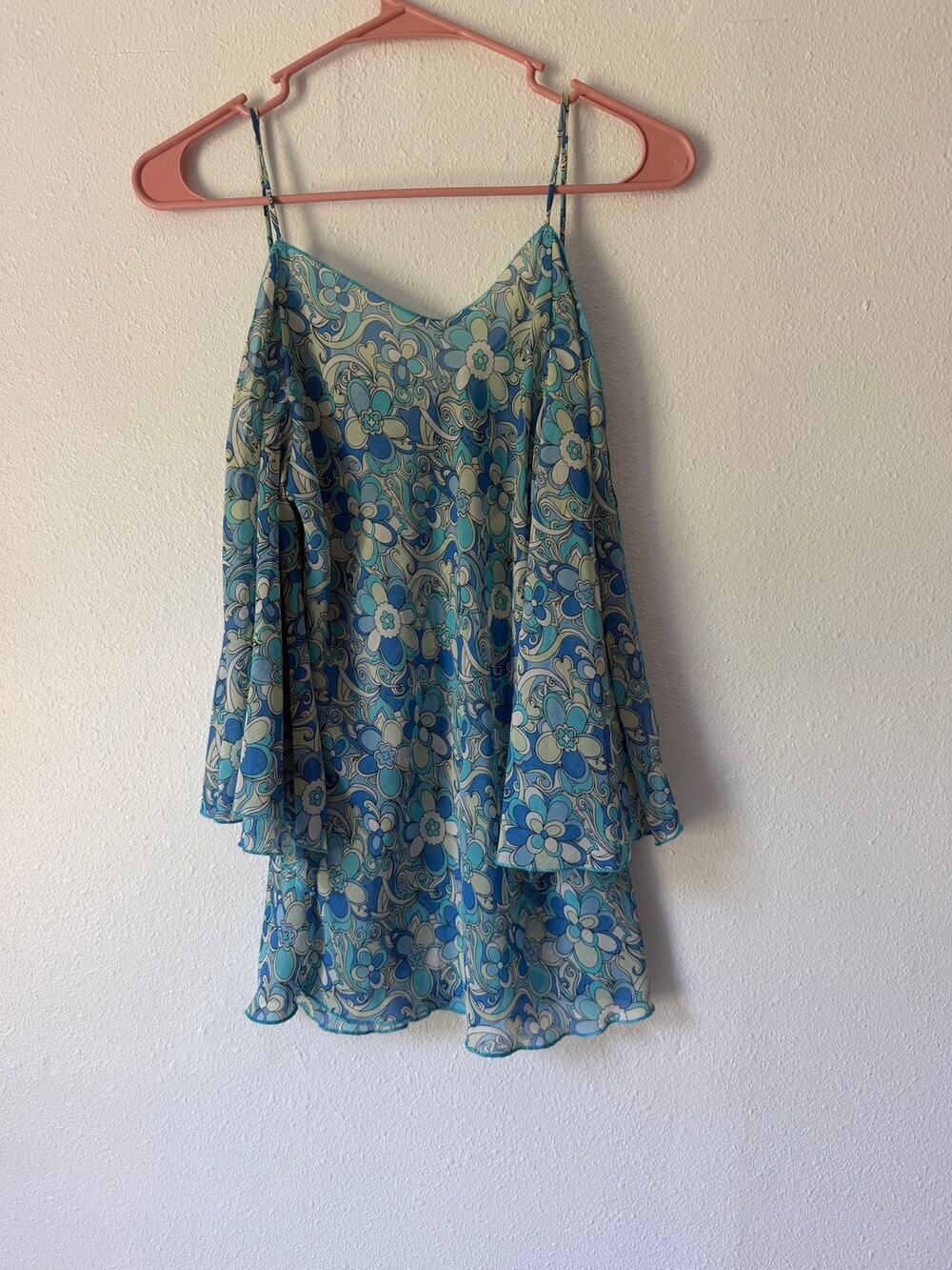 Sheer Blue Floral Boho Off Shoulder Bell Sleeve Hippie 70s Inspire Top Juniors L